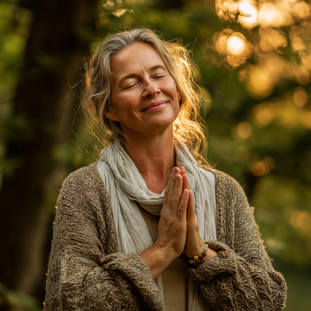Smiling Polish adults practicing yoga in a peaceful natural setting, demonstrating proper breathing techniques